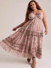 Torrid Festi Cross-Front Halter Maxi Dress Expression Floral Beige Size 2XL NWT