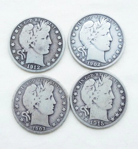 Lot of 4 Barber Half Dollars 1902, 1903, 1912-D, 1915-D