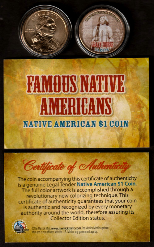 Crazy Horse Colorized Sacagawea $1 Coin  Native American Chiefs Painted Dollar