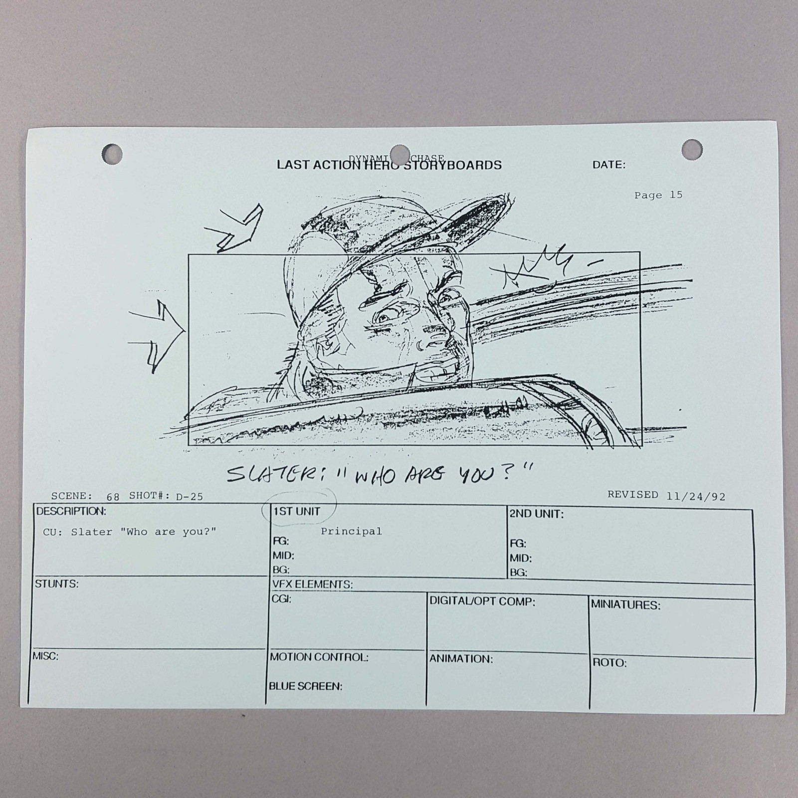 Last Action Hero Storyboard Slater Demands "Who Are You?" Close Up Original COA