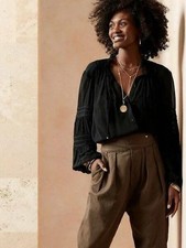 NEW BANANA REPUBLIC BLACK CRINKLE BALLOON SLEEVE BLOUSE XS PETITE 836264