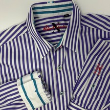 Robert Graham Mens Large Striped Button Down Shirt Purple White Teal Accent