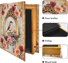 Vintage Faux Book Decorative Storage Boxes Hidden Safe Box Floral Bird Fake B...