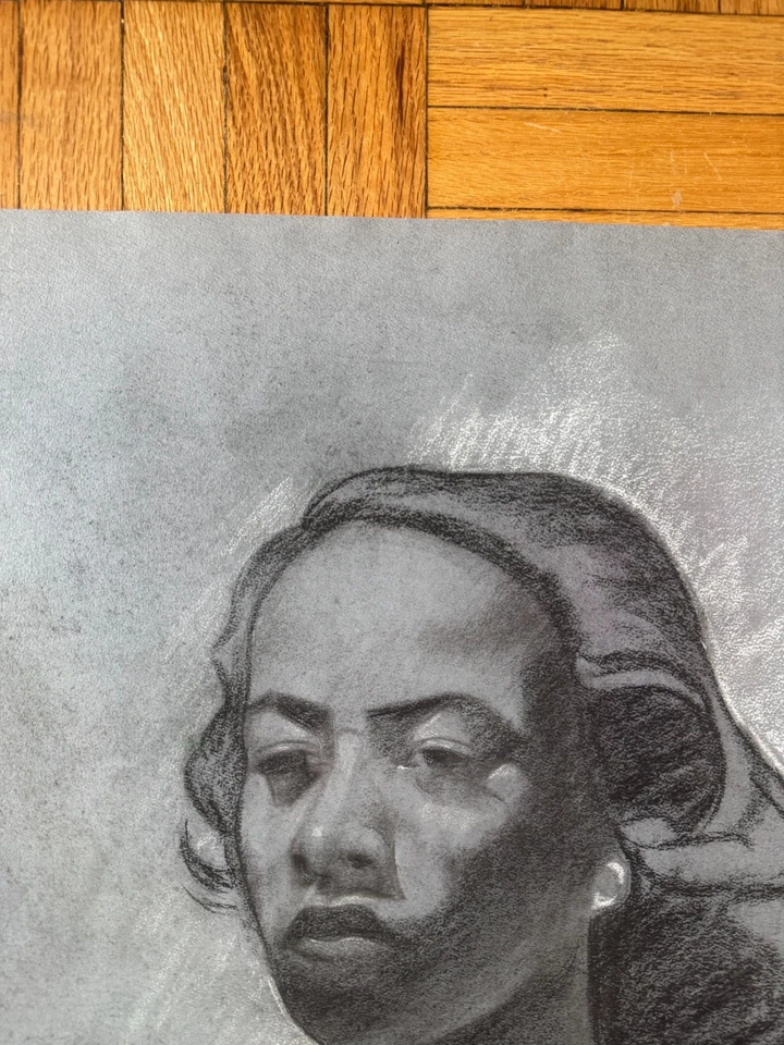 Vintage 1940's Young Black Woman Portrait Charcoal Drawing George Malick OOAK - Image 3 of 4