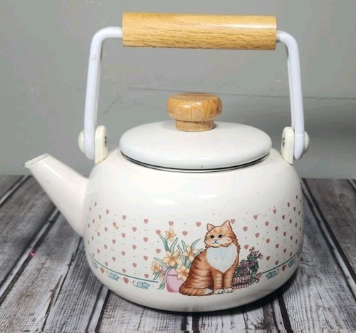 Vintage Katze Made in Taiwan Emaille auf Metall Wasserkocher Holz/Metallgriff süß Landhaus