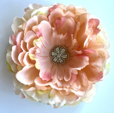 Large 6.5" Peach Pink  Green Peony Silk Flower BROOCH PIN  Rhinestone Cabochon