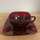 Vintage Ruby Red Coffee Cup And Saucer Depression Glass Square Anchor Hocking