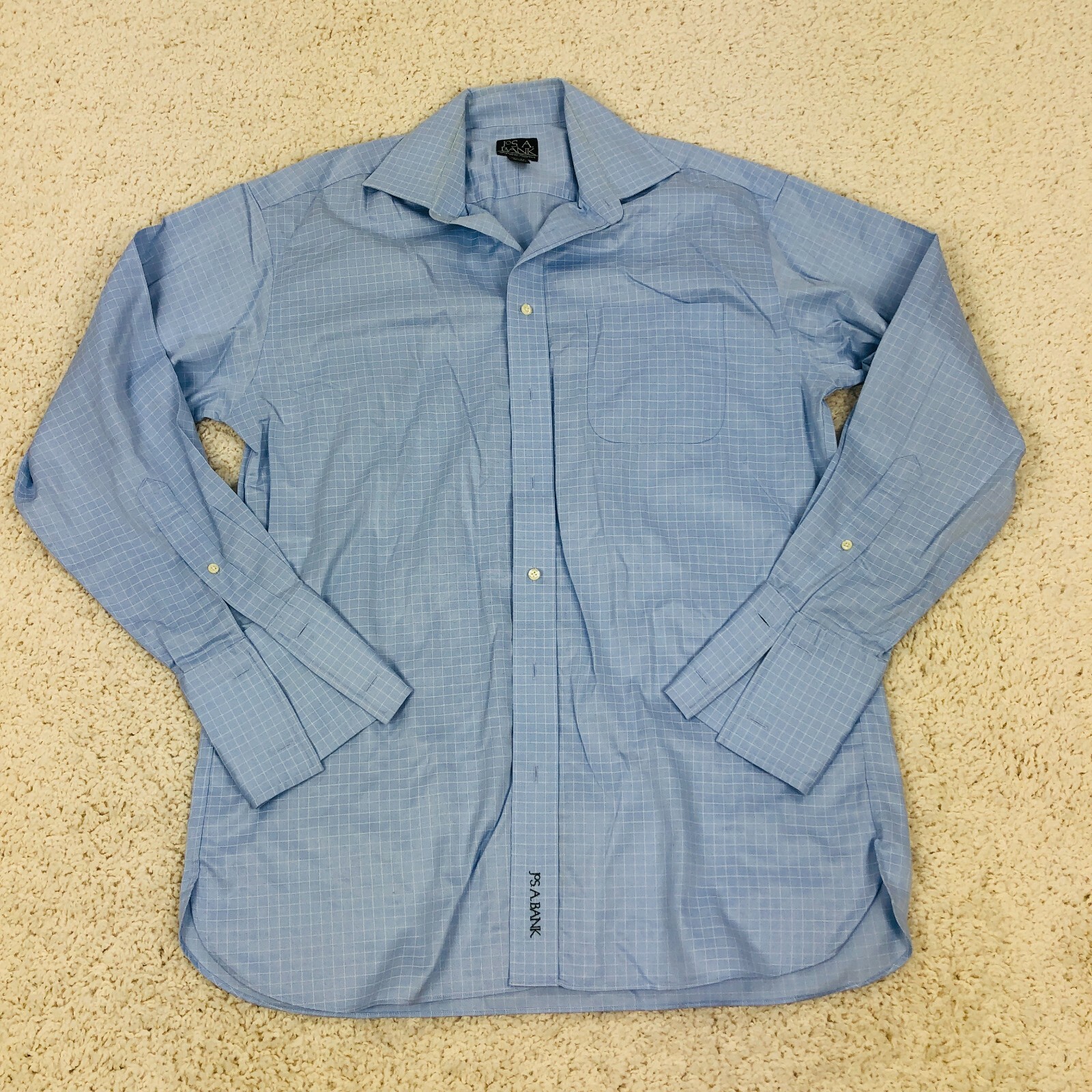 JOS A BANK Button Up Dress Shirt 15.5 / 34 Blue Plaid Long Sleeve Casual Mens