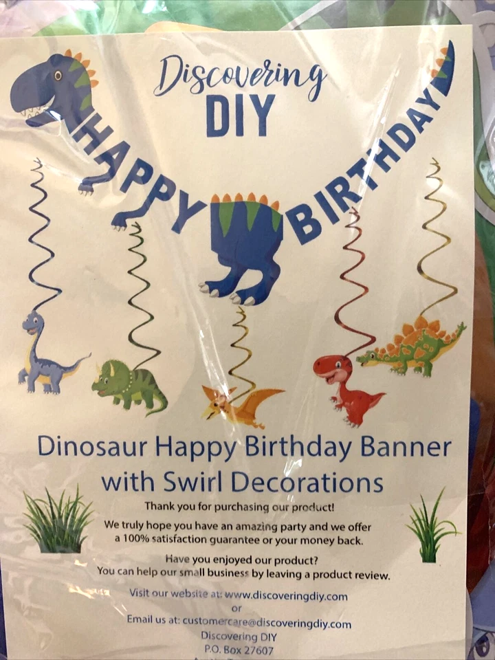 Banner de feliz cumpleaños de dinosaurio y remolino colgante decoraciones preensamblado Foto 3 de 4