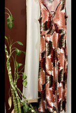 IRIS LEAF Print Sleveless MAXI DRESS Two SLITs Jersey Stretch sz M 