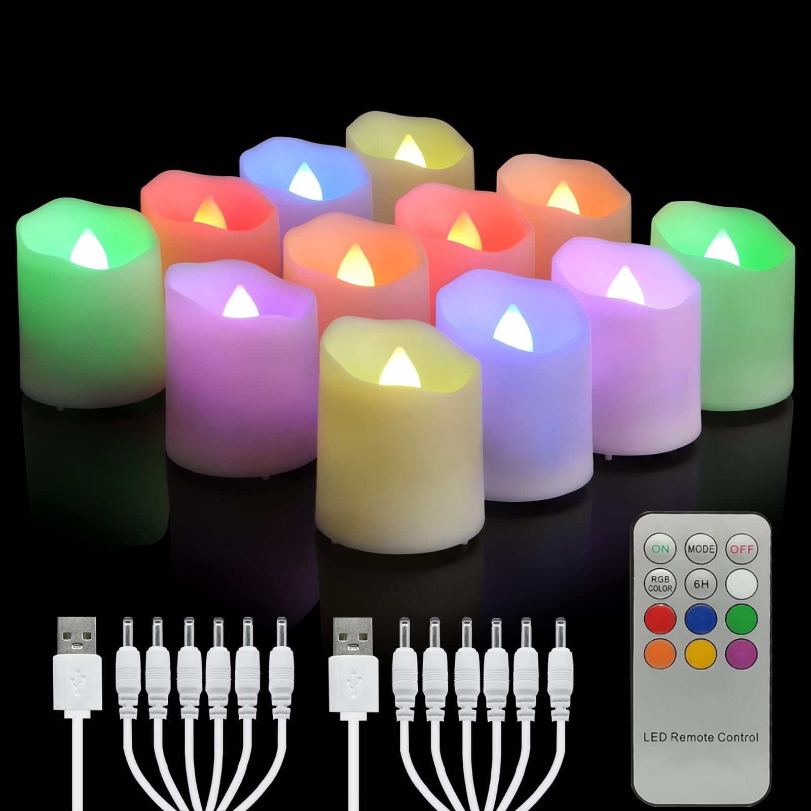 Flameless Rechargeable LED Tea Lights with Remote Timer 12pc RGB Color Changing