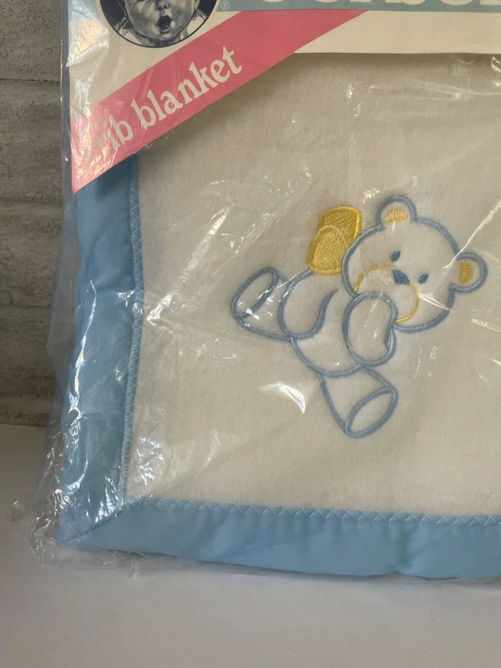 Manta de bebé Gerber azul oso de peluche cuna blanco polar azul borde satinado EE. UU. 1991 Foto 2 de 4