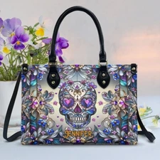 Personalized Skull Skeleton Leather Handbag, Skull Flower Leather Handbag Gift