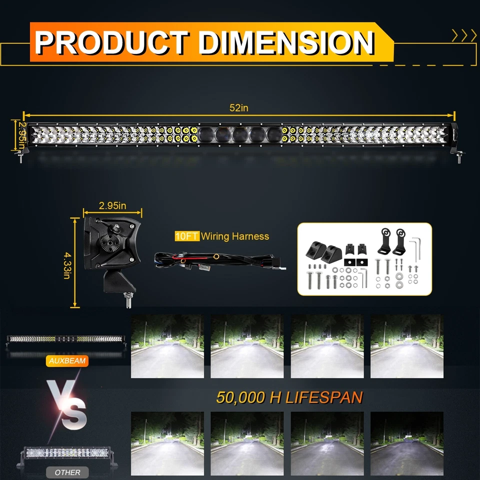 AUXEBAM 52" LED Light Bar 5D-PRO Lens Driving Lights Spot Flood For Ford Bronco — 第 2/4 张图片