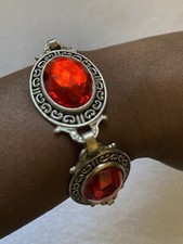 Silver Tone And Red Medallion Bracelet Oval Shaped Medallion Costume Jewellery