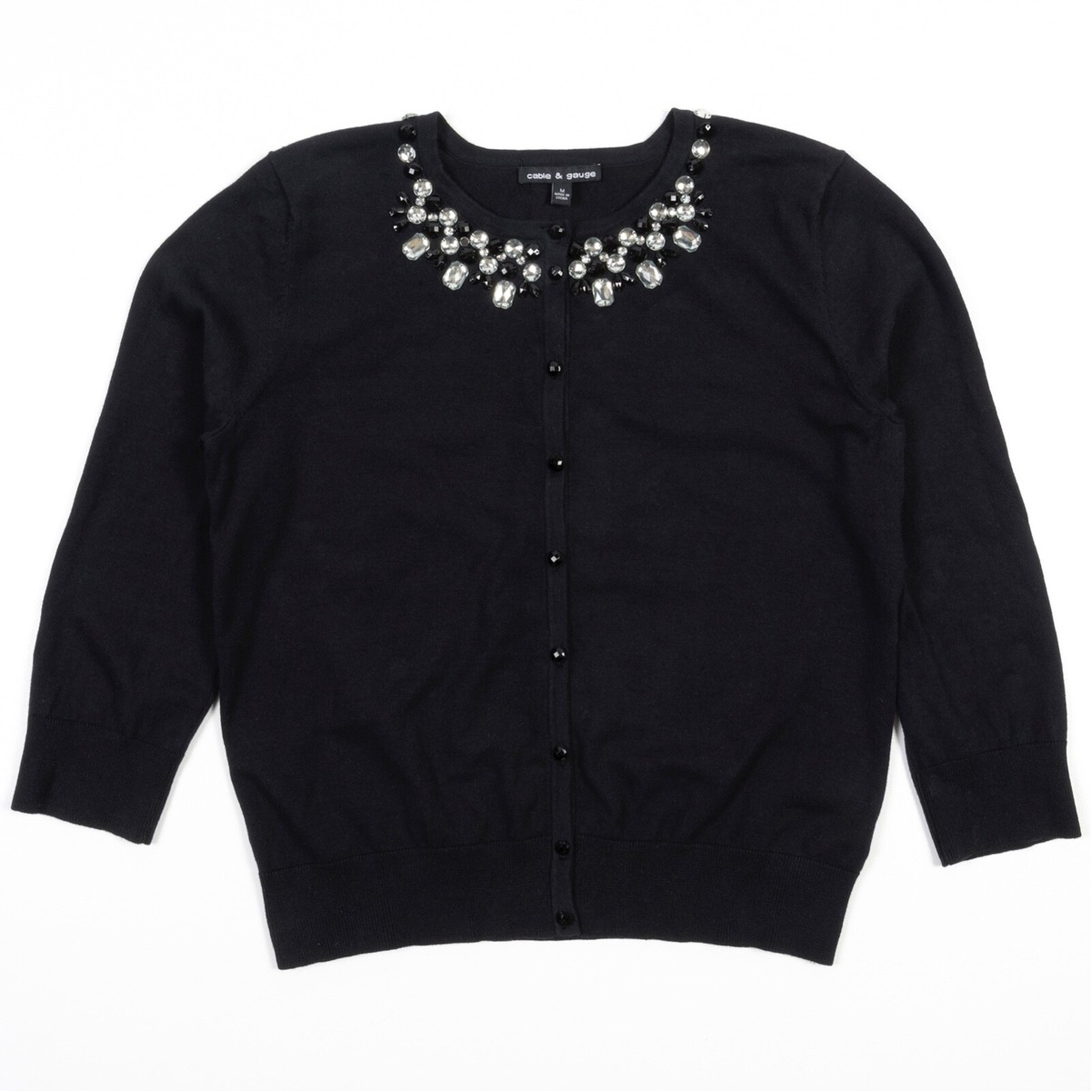 CABLE & GAUGE Cardigan Rhinestone Embellishment Black 3/4 CABLE & GAUGE Cardigan Rhinestone Embellishment Black 3/4