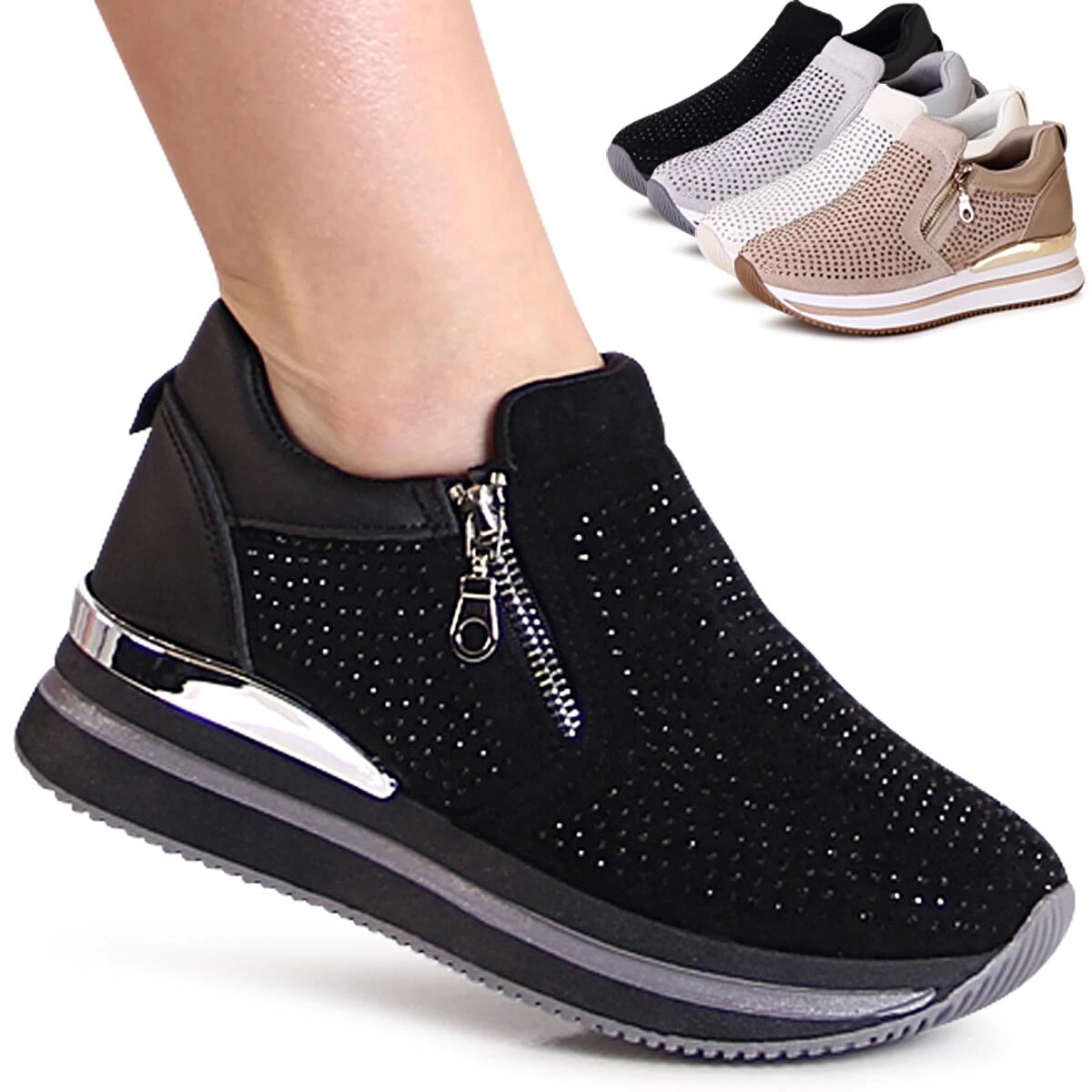 Ladies Platform Trainers Glitter Low Shoes Velours Slipper eBay
