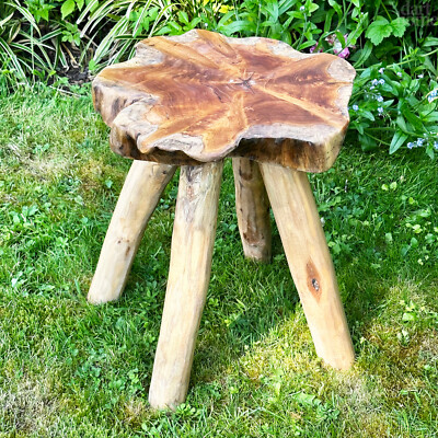 Teak Root Mushroom Stool Four Legs Hand Carved Natural Rustic Round Wooden  Chair