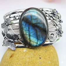 Fire Labradorite Gemstone 925 Sterling Silver Jewelry Cuff Bracelet Adjustable"