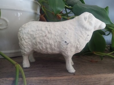 Vintage Antique Ram Sheep Cast Iron Heavy Doorstop White Figurine 5 1/2'' Long.