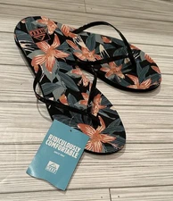 Reef Bliss-Full Black Hibiscus Womens Rubber Flip-Flop Sandal Size 9 NEW!