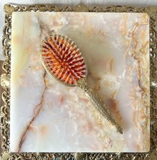 Vintage 1950s Ornate Brass Vanity Hairbrush Amber Lucite Floral Roses 10
