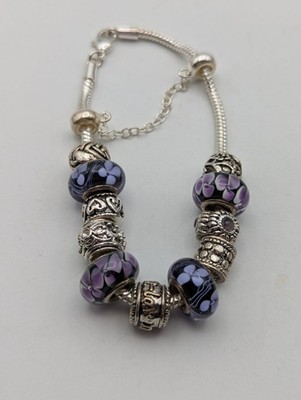 BEAUTIFUL CHARM BRACELET Lavender & Blue Glass Silver Tone
