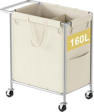 Double Laundry Hamper with Wheels,160L Rolling Laundry Basket 2 Section,Steel Fr