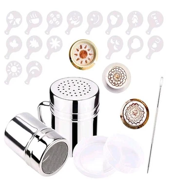 Chocolate Shaker Duster Cappuccino Coffee Barista Stainless Steel Stencil Shaker