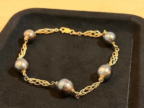 14K Yellow Gold Spiral Link South Sea Pearl Bracelet 8 Inch 9.2 Grams VINTAGE - Picture 2 of 16