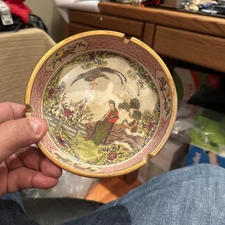 VINTAGE CHINESE Gold Trim PORCELAIN ASHTRAY Cigarette Peacock Lady Playing Flute