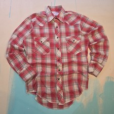 VTG Wrangler L Plaid Western Pearl Snap Shirt Red 14.5 33 Poly Cotton USA 1970s