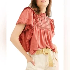 Free People Le Femme Shirt Women Crochet Boho Ruffle Trim Top Cottagecore XS