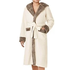 New Members Mark Womens Sz L/XL Plush Long Robe Hood Faux Fur Trim Ivory Pockets