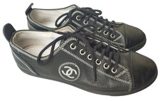 Vtg Chanel Black CC Logo Leather Sneakers 39 1/2