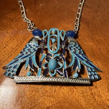 Vintage Egyptian Revival Sky God Horus Necklace Falcon Royal Blue Silver Enamel