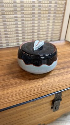 Handmade studio lidded pottery dish, brown and aqua with leaf and flower