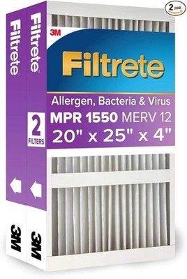 3M Filtrete 20x25x4 Allergen Bacteria Virus AC Filter MPR 1550 2 Pack NEW