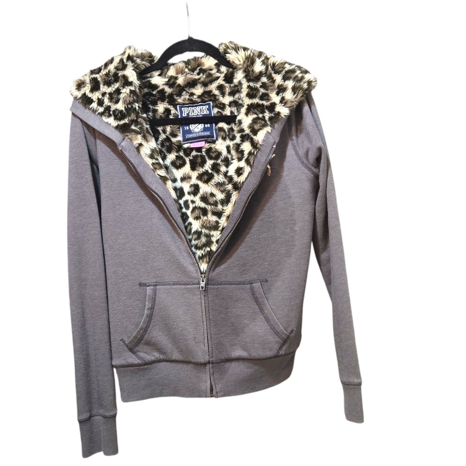 Rare VTG 13 Victoria's Secret PINK VS Fur Lined Gold Leopard Sequin Hoodie XS