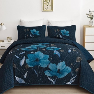 Mybedsoul Floral Quilt Set Queen Size 3 Pieces Dark Blue Bedspread Coverlet Set