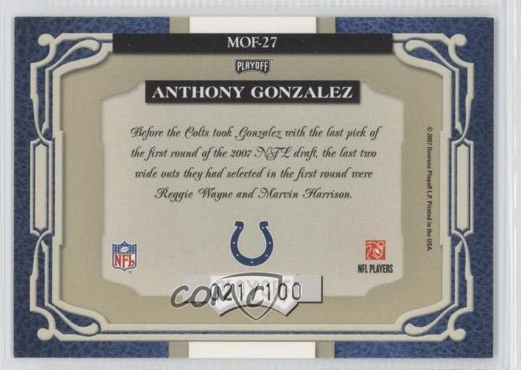 2007 Playoff Absolute Memorabilia Marks of Fame /100 Anthony Gonzalez Rookie RC - Image 2 of 2