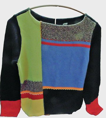 Vtg Crazy Horse Liz Claiborne Colorful Color Block Boatneck Crop Sweater sz L