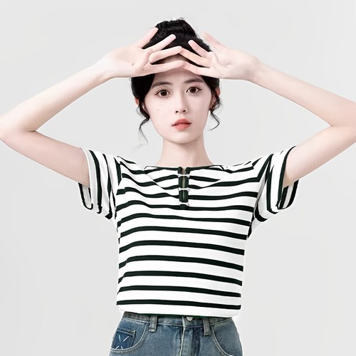 Women Summer Striped Front Metal Button Round Neck Short Sleeve CasuaWomenl Tops - Picture 6 of 13