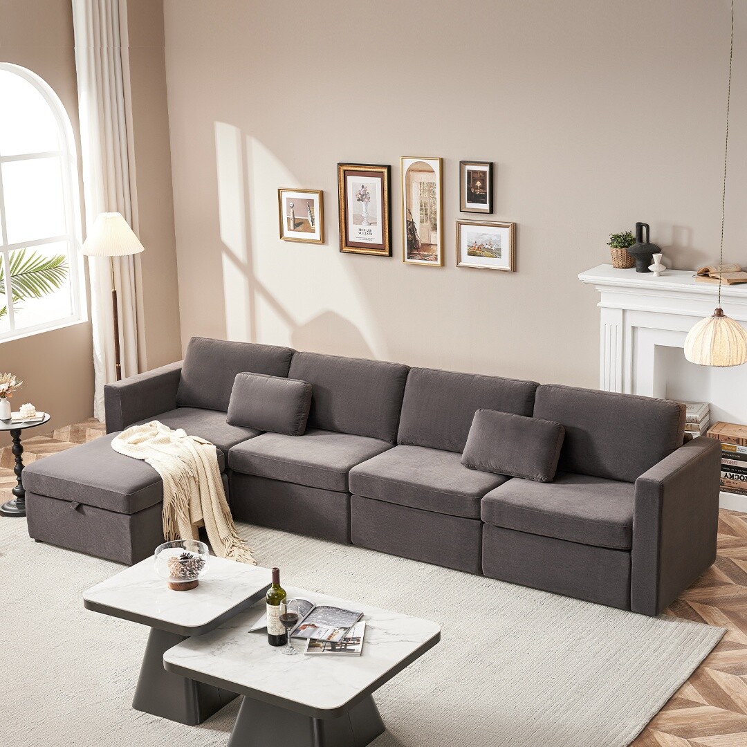 Modern L-Shaped Velvet Modular Sectional Sofa Set with Pillows