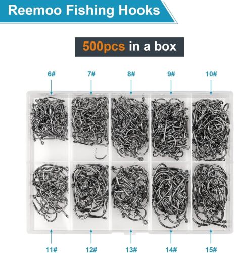 500PCS Carbon Steel Fishing Hooks with Portable Box - 10 Sizes Included - Picture 4 of 9