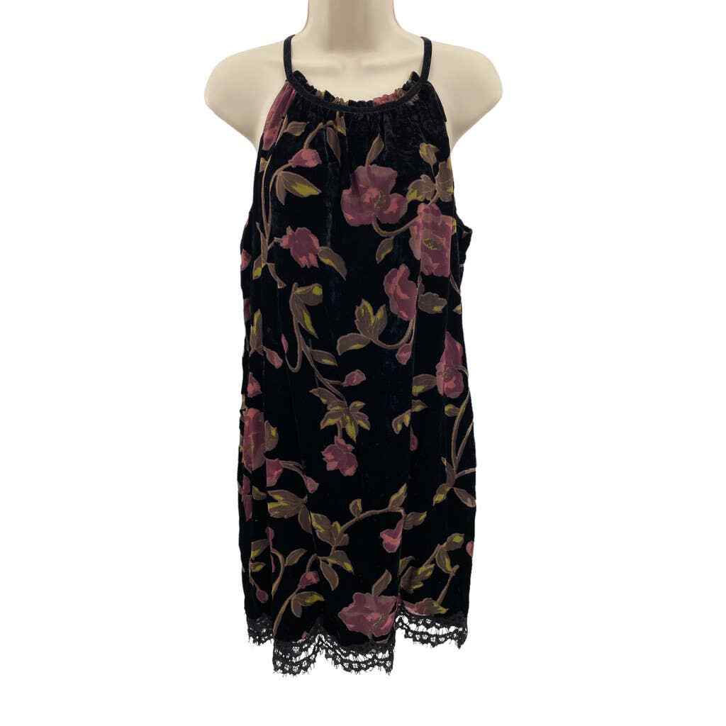 MAX STUDIO Halter Dress Womens Medium Black Velvet Floral Print Polyester  Nylon