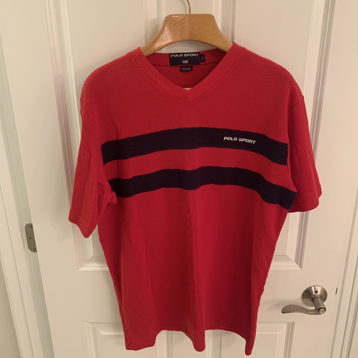 Vintage Polo Sport Ralph Lauren V-neck Shirt Striped Red Blue Men