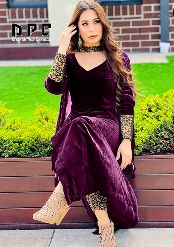Fully Readymade Wine Velvet Wedding Party Wear Traditional Kurti Pant u0026  Dupatta | eBay