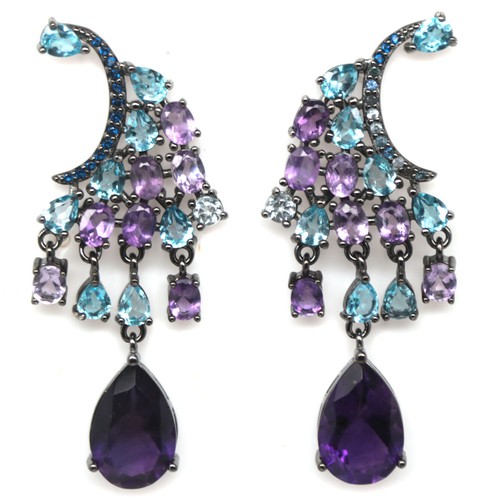 Boucles D'oreilles Argent Sterling 925 - Coeur En Améthyste & Topaze Blanche 1.35 Carats - Marque Harry Winston (sans Boîte)