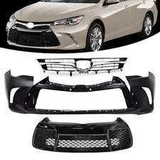 Front Bumper Cover+Upper Lower Grille For 2015 2016 2017 Toyota Camry